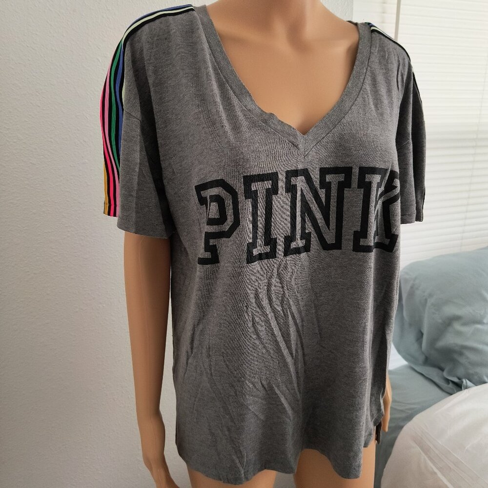 Victoria's Secret PINK Colorful Striped Sleeve Tee